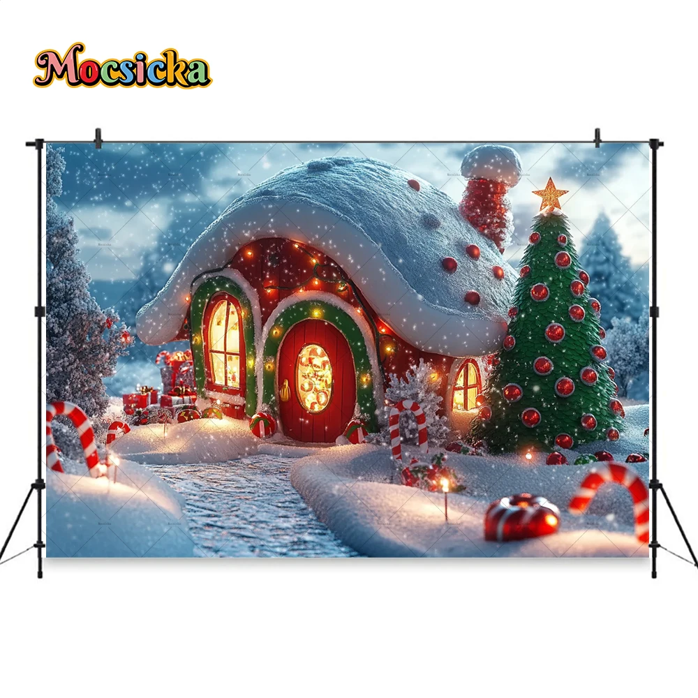 Christmas Elf House Background For Kids Winter Photography Candy Cane Snowflake Glitter Backdrop Decor Wonderland Photo Studio