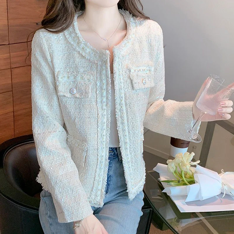 Rimcoy Korean Sweet Tweed Jacket for Women Fashion Pearls Decor Round Neck Dress Coats Woman Long Sleeve Chic Jackets Female