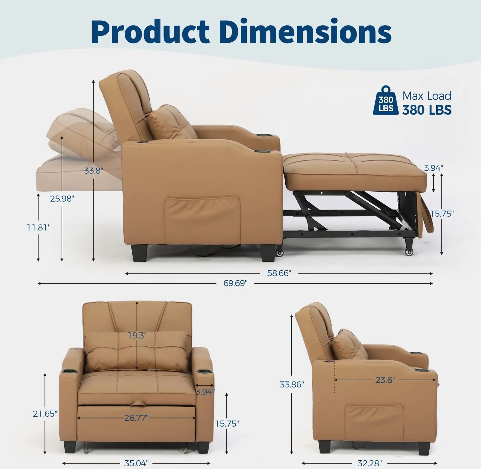 3-in-1 Convertible Sleeper Chair Bed, Modern Pull-Out Sofa with Adjustable Backrest, USB Ports, Cup Holders & Side Pockets, Space-Saving for Living Room, Bedroom, Small Spaces, Brown/Black/Gray image 3