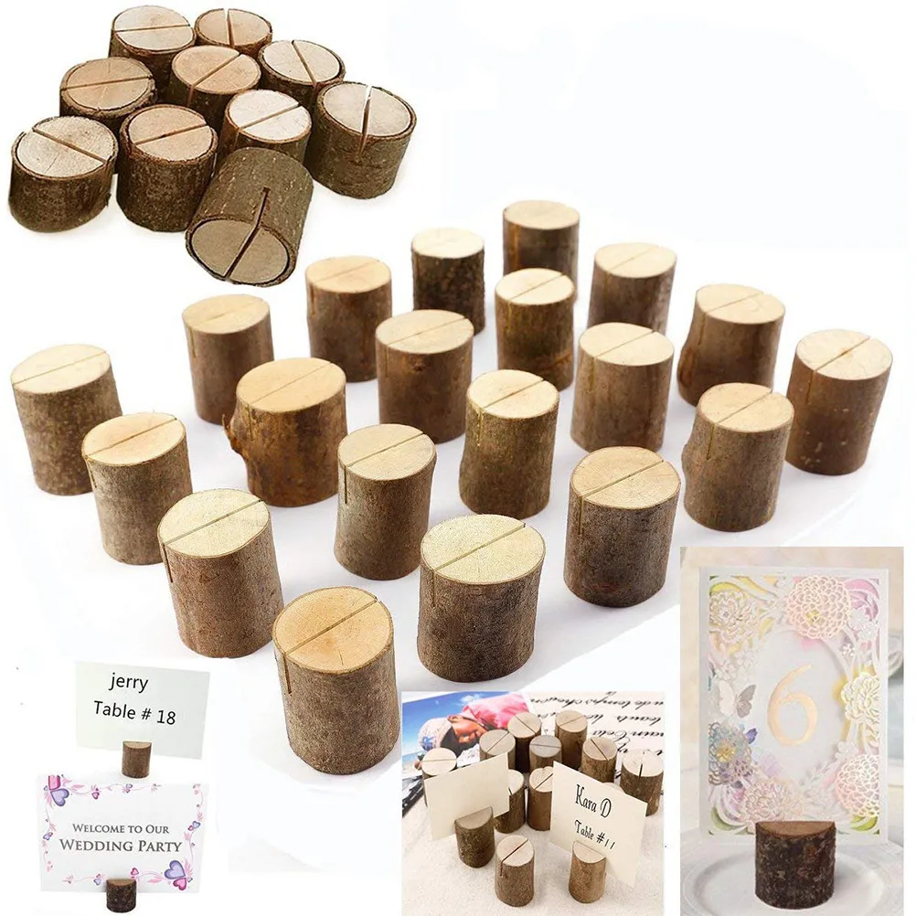 50Pcs Wooden Stump Memo Stand Table Number Holder Photo Display Rack Name Place Card Clip Natural Decor Wedding Party Favor