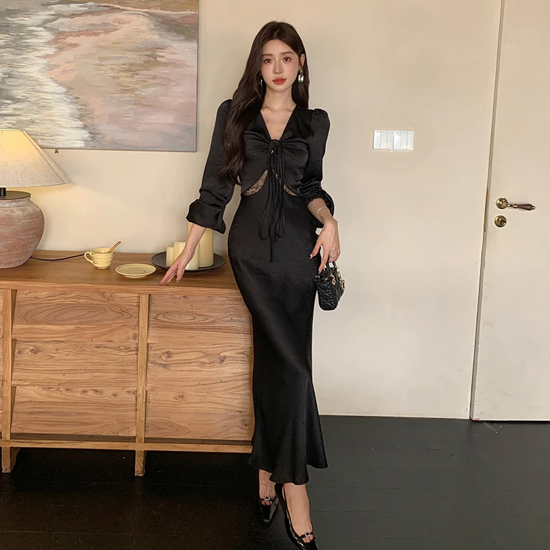 French Elegant Autumn Satin Prom Party Mermaid Clothes Sexy Women Drawstring V Neck Lantern Sleeve Lace Waist Split Long Dresses