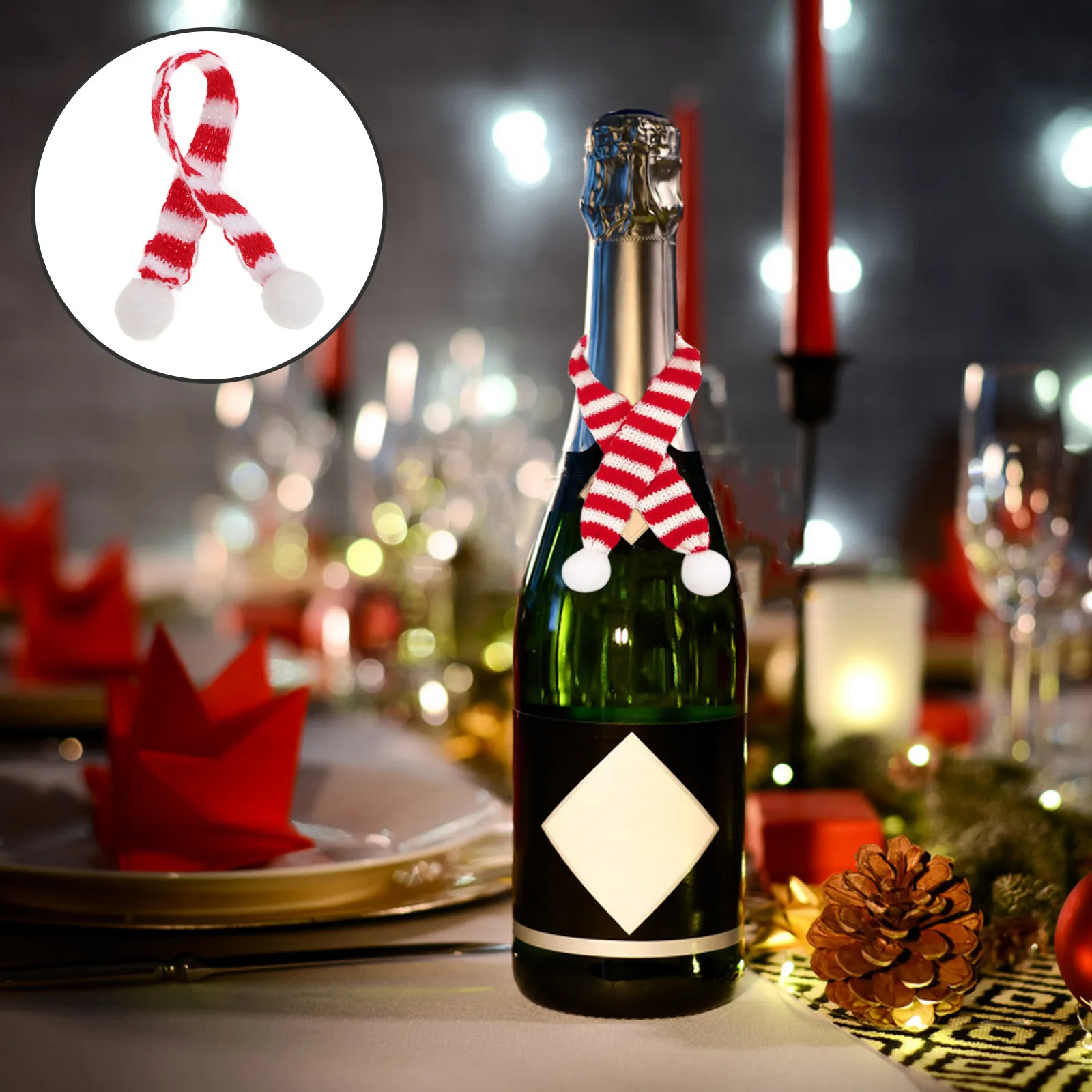 

12Pcs Mini Christmas Scarf for Wine Bottles Red and White Striped Knit Bottle Cover Holiday Party Ornament Festive Decor Xmas