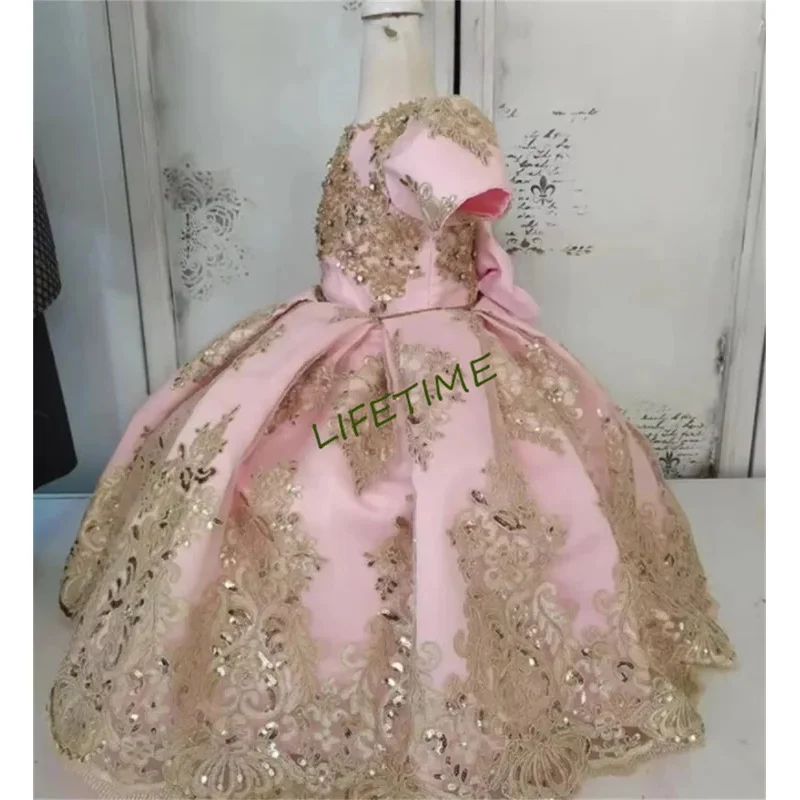 Vestidos rosas de encaje champán con cuentas para niñas, ropa larga con lazo grande y cuello redondo, vestidos de fiesta para niñas, vestido de cumpleaños