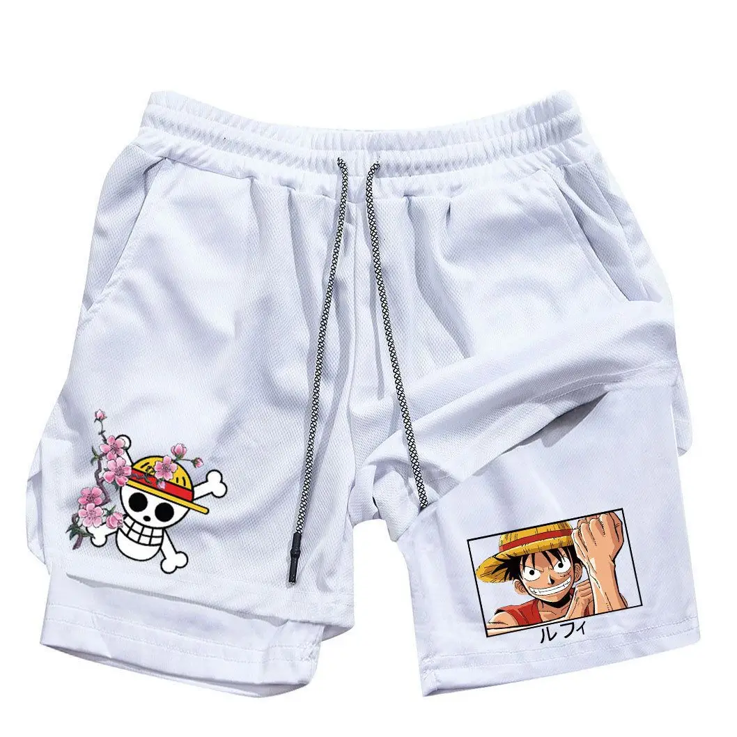 公式ワンピースコレクション スポーツショーツ - ルフィ＆麦わら帽子海賊団スカルプリント、調節可能なドローストリング付き