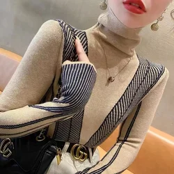 2024 Autumn Winter Fashion Striped Slim Sweaters Women Clothing Vintage All-match Long Sleeve Turtleneck Pullovers Chic Knit Top