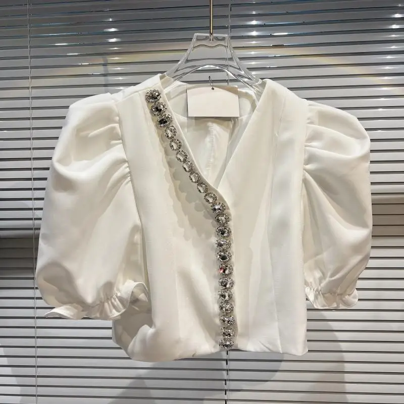 

Vintage Black Patchwork Diamonds Shirts V Neck Puff Short Sleeve Korean Slim Fashion Woman Blouses 2022 Clothing