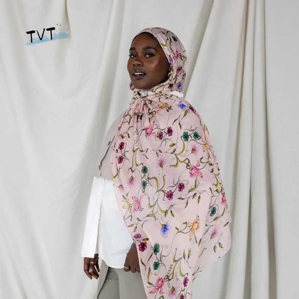 

Luxury Floral Ethnic Style Scarf Watercolor Long Hijab Scarf Thin Bandana Tudung Daily