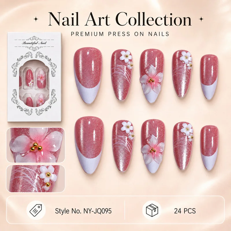White Tone Cat Eye French Press On Nails 3D Stereo Flower Decor Popular European American Ins Reusable False Nail Tips