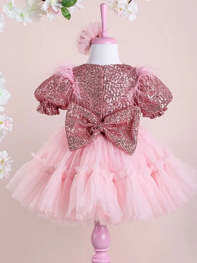 Vestido fantasia de lantejoulas para bebês recém-nascidos, vestido florido infantil, festa de aniversário, batismo