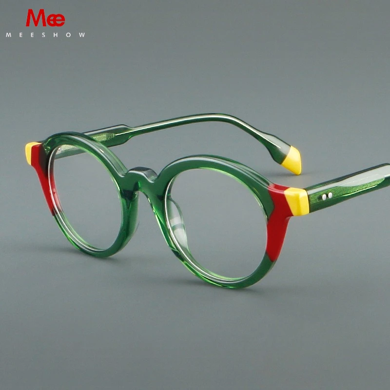 MEESHOW 145mm Men's Retro Glasses Frames Fashion Men Acetate Frame New Round Handmade Stitching Color Customized Women Frame