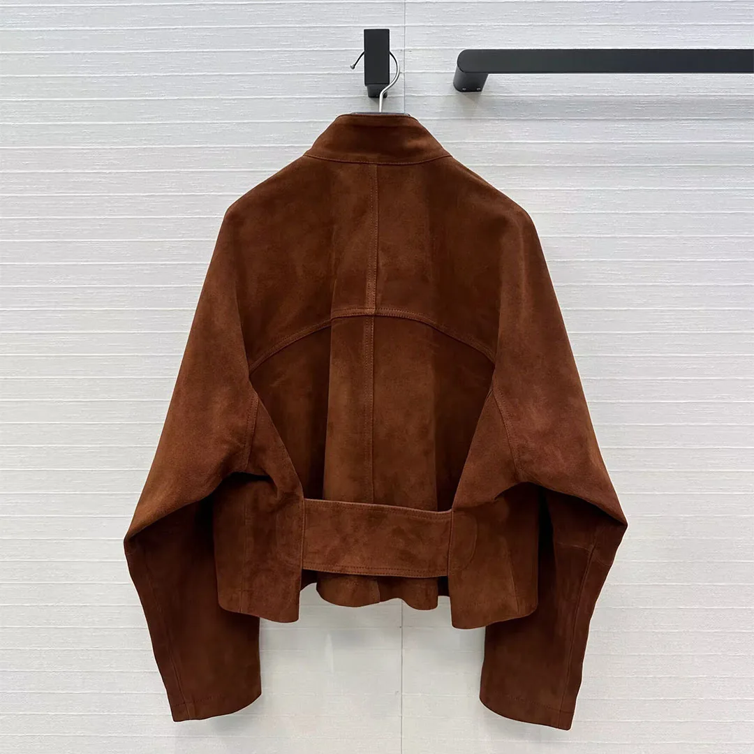 최고급 100% 스웨이드 양가죽 재킷 여성용 스탠드 칼라 지퍼 긴 소매 뒷면 와이드 벨트 레트로 천연 가죽 숏 코트