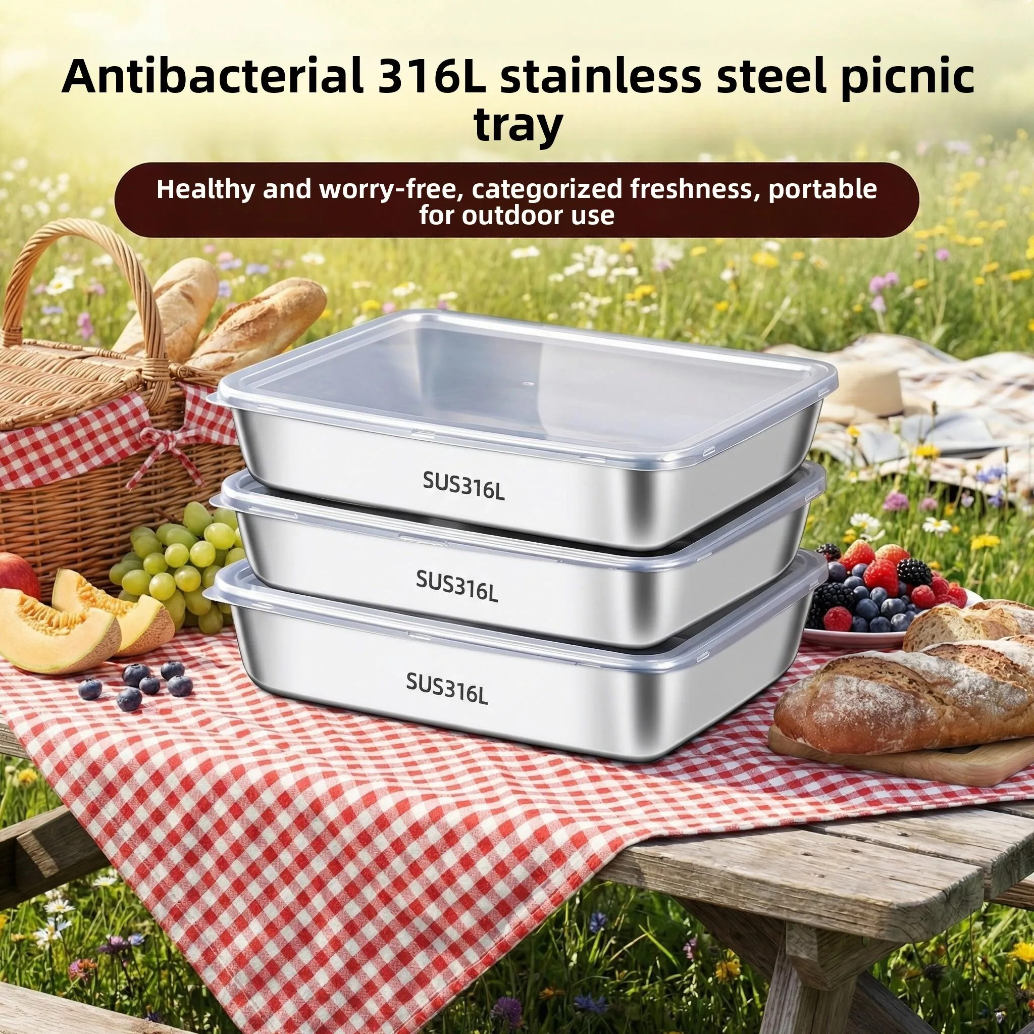 

Stainless Steel Outdoor Picnic Box Reusable Camping Lunch Box Hot Pot Food Plate BBQ Serving Tray Durable Carry Container