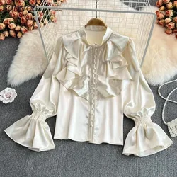 Vintage Effen Blouses Vrouwen Elegant Acetaat Satijn Opstaande Kraag Flare Mouw Design Nieuwe Chique Zoete Losse Ruches Vrouwelijke Mujer