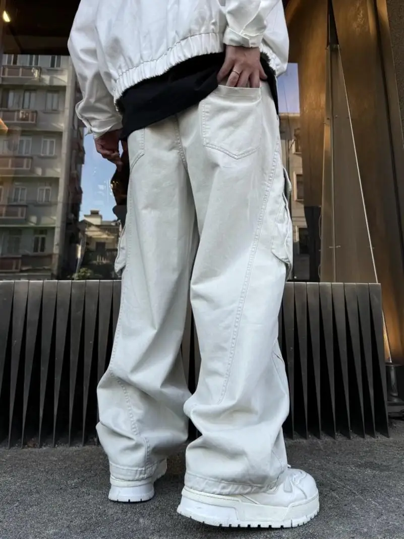 الرجعية الأمريكية ربيع الخريف الرجال السراويل مع كيتس كبيرة مطوي واسعة الساق فضفاضة مستقيم قطع السراويل الطويلة ملابس العمل #2