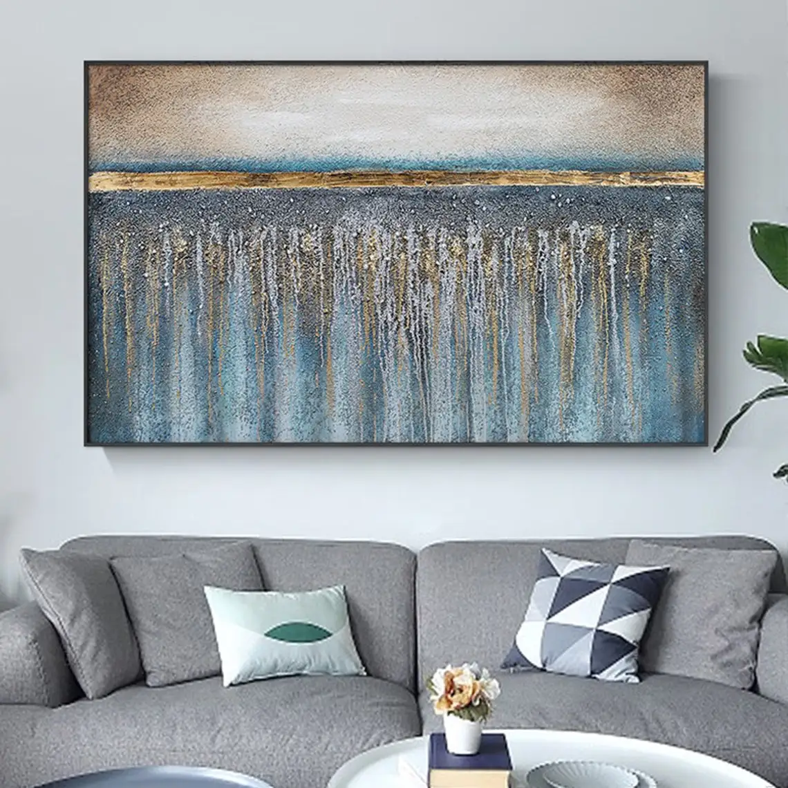 Hand-Painted Blue & Gold Oil Painting On Canvas Gold Foil Painting Flowing Painting Large Oil Painting Abstract Wall Art Spring