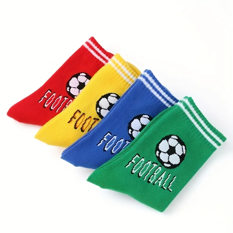 4 Pairs of Children's Socks with Sports Football Letter Patterns, Trendy and Versatile Striped Mid-Tube Socks for Boys and Girls, Suitable for Daily Life