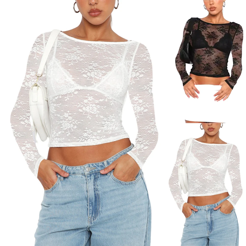 Women's Lace Tulle Mesh Long Sleeve Top Elegant Casual Sexy Club Party Y2K Top