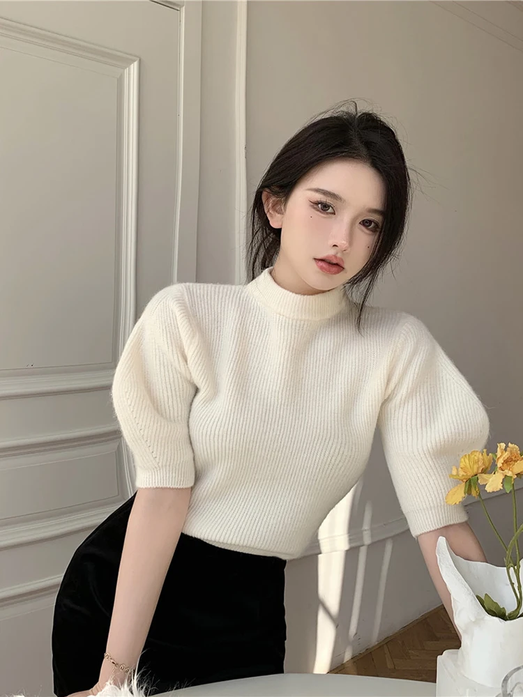 New Fashion Puff Short Sleeve Turtleneck Pullover Top Chic 2023 Spring Solid Pullovers Korean Women Knitted Sweaters