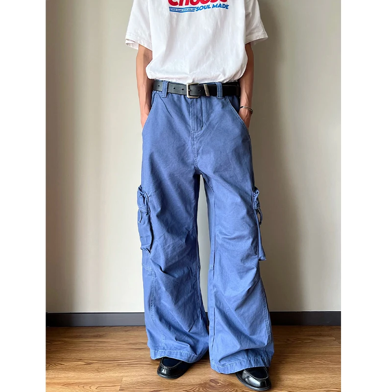 Men's American Workwear Blue Washed Baggy Cargo Pants, Double Pockets Wide Leg Loose Fit Casual Long Trousers