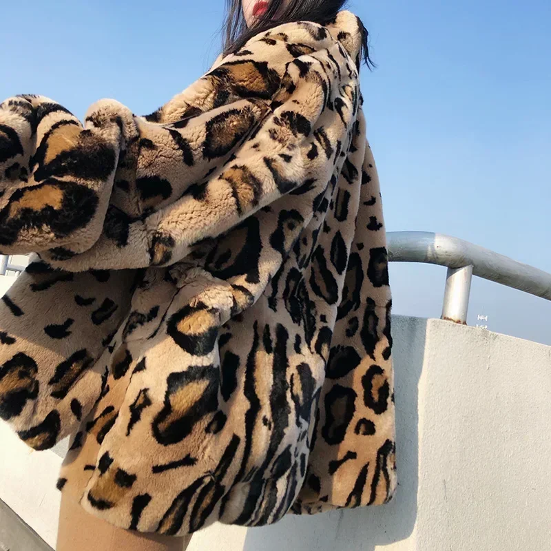 Real Rex Rabbit Fur Coat Fashion Leopard Female Jacket Winter Jackets for Women 2024 Oversized Women's Clothing Casaco Zjt914