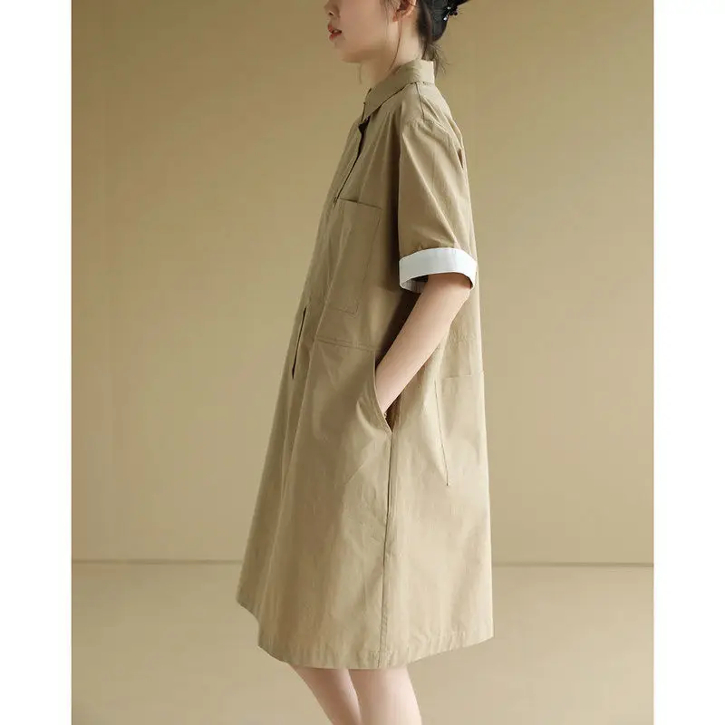 Women Cotton Linen Shirts Solid Long Shirts Dresses Oversized Pullovers Vintage Short Sleeve Shirts Blouse Tops Ladies Skirts
