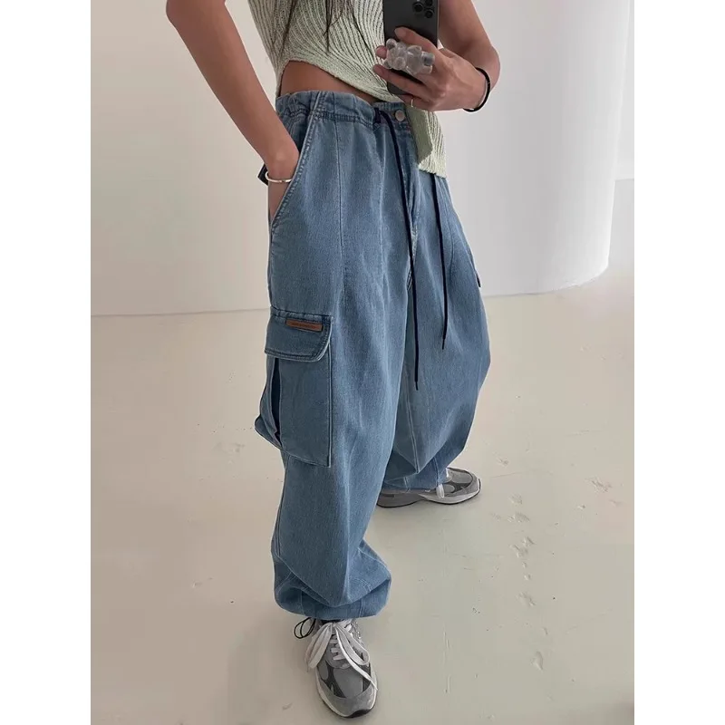

SuperAen 2025 Spring New American Retro High-waisted Drawstring Pocket Design Jeans Women Oversize Long Cargo Pants