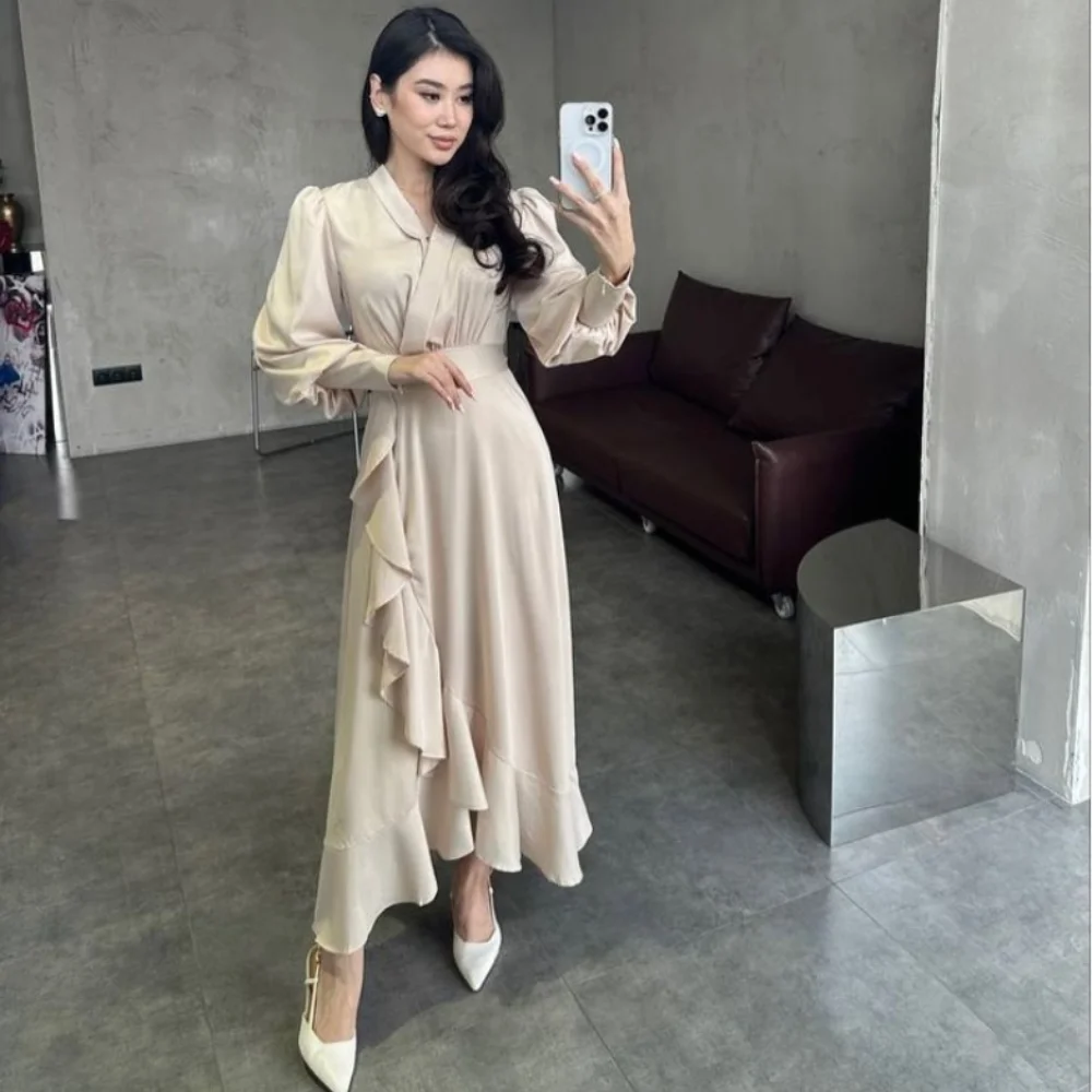 

customized A-line V-neck Jersey Prom Dresses Simple Flouncing Anke length Evening Dresses Ruched Pleat Party Dresses