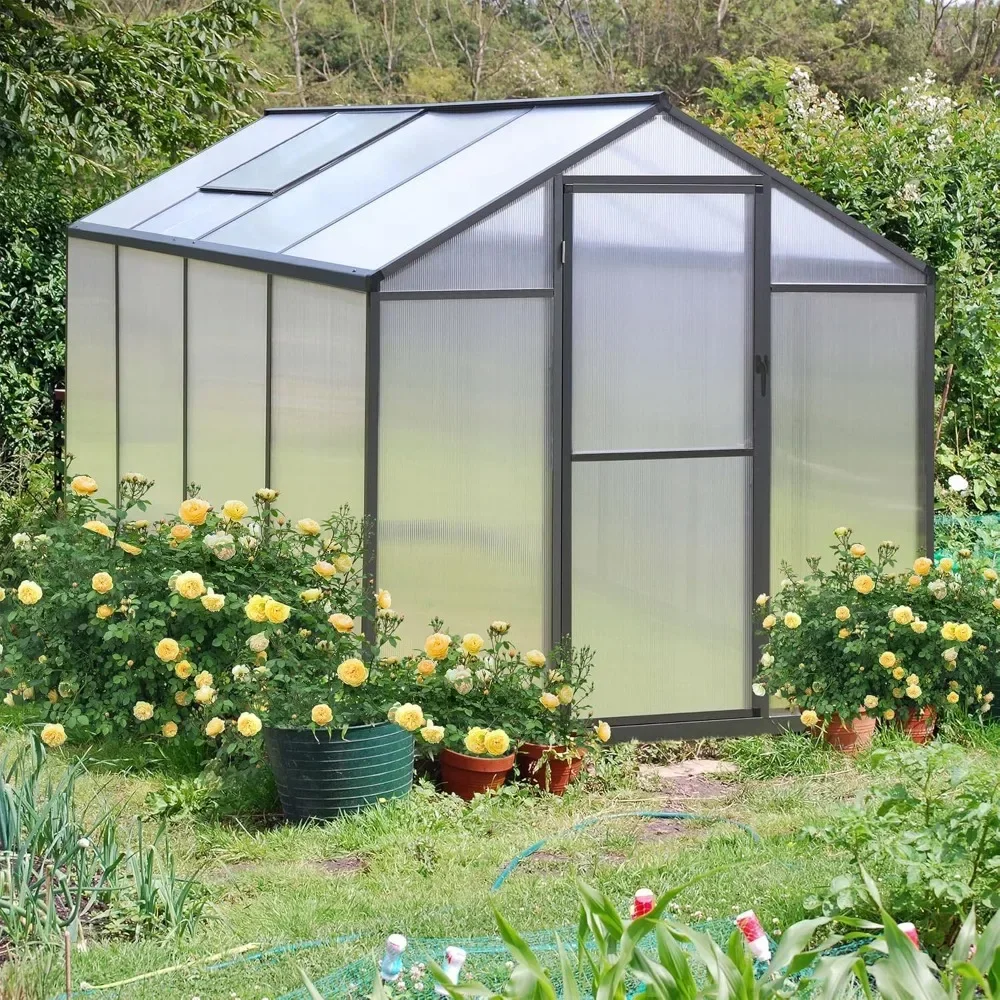 8'x6' Heavy-Duty Polycarbonate Aluminum Greenhouse Kit with Door and Adjustable Roof Vent for Outdoor