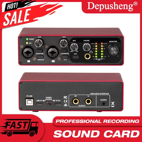 Professional Audio Interface Portable Usb Sound Card Mixer For 48V Microphone Musical Instrument Recording