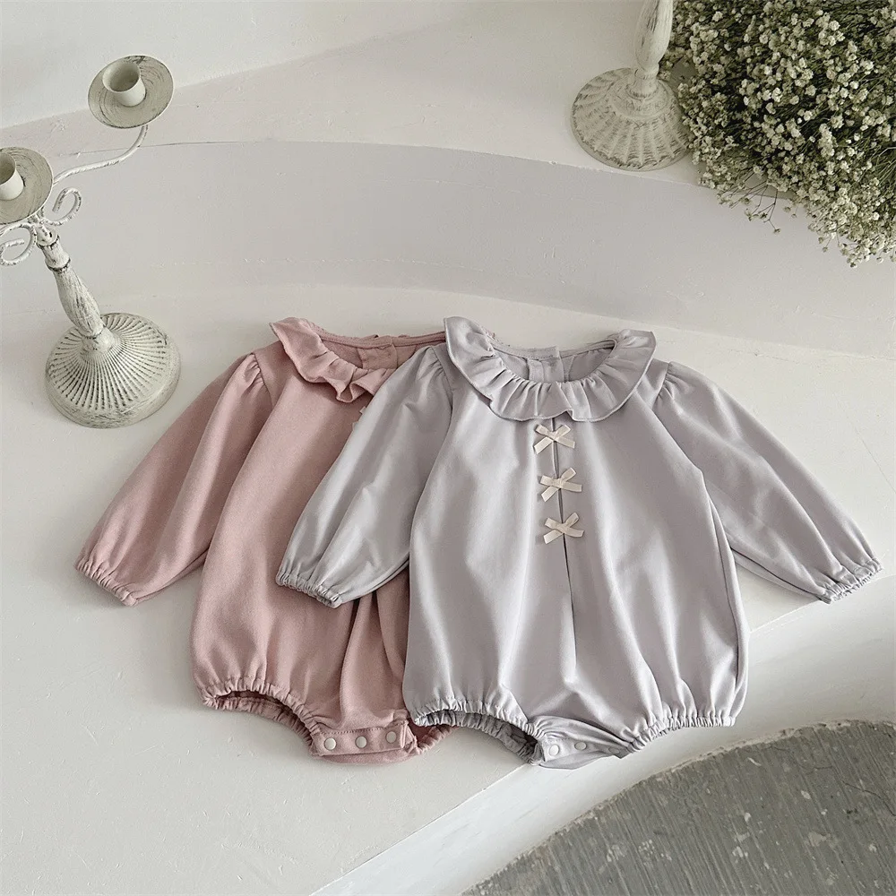 

2025 Spring New Baby Girl Long Sleeve Bow Bodysuit Solid Newborn Infant Cotton Ruffle Collar Jumpsuit Toddler Clothes 0-24M