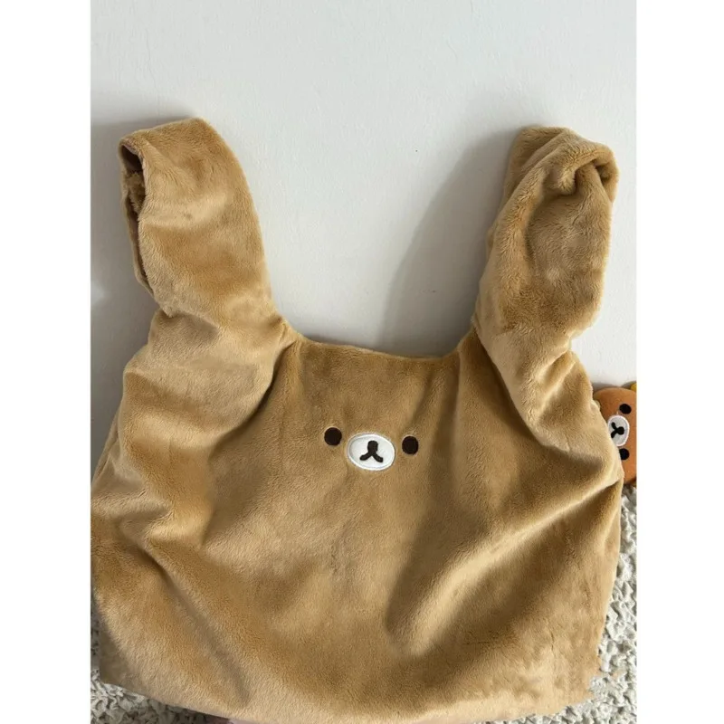 Rilakkuma sacola de pelúcia fofa ursinho bordado sacola de compras elegante bolsa de lã com tema animal bolsa criativa ecológica