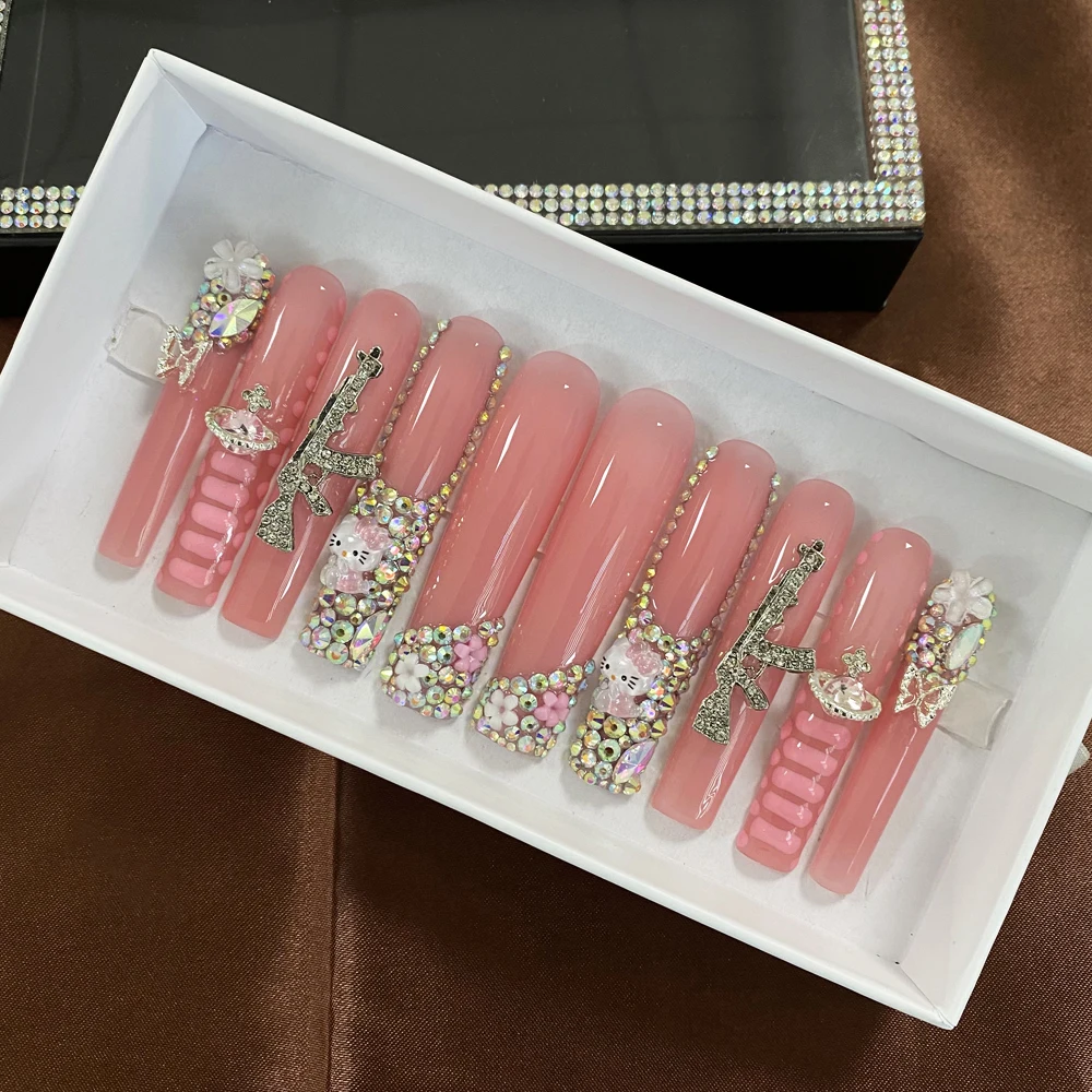 New Design Classical 3D Salon Quality Nails Press On Complete Hand Made 10PCS Acrylic Fingernails with Glue Tools