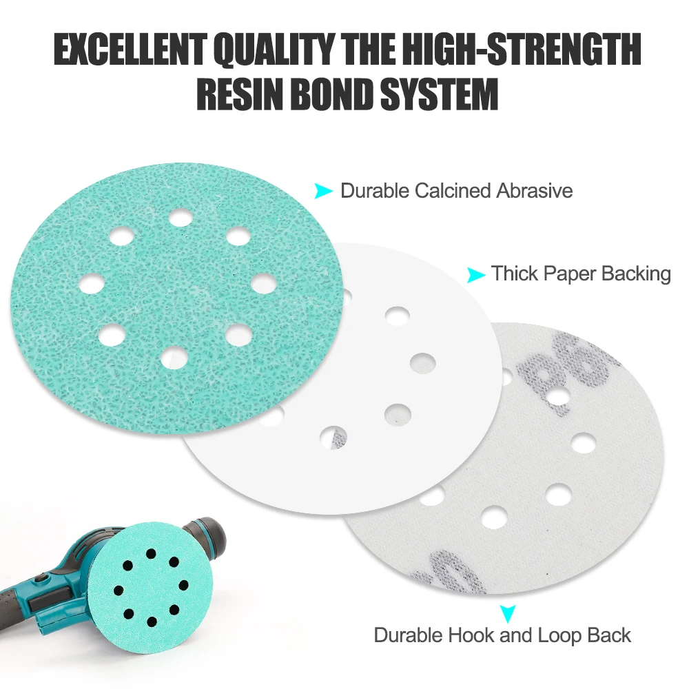 แผ่นกระดาษทราย CMCP 10 ชิ้น ขนาด 125 มม. แบบ 8 รู ติดตั้งด้วยแถบตีนตุ๊กแก ความละเอียด 60-1000 สำหรับขัดเงา