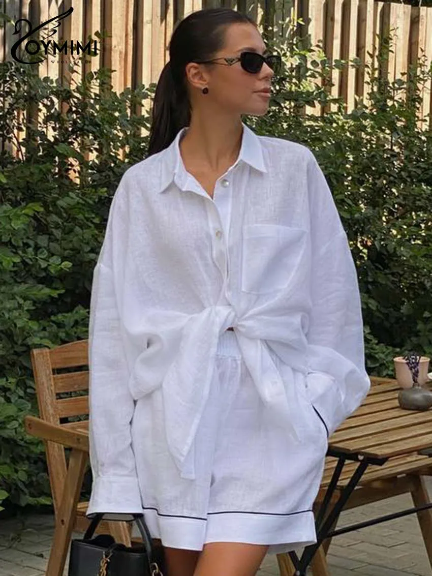 

Oymimi Fashion White Cotton Two Piece Set For Woman Elegant Lapel Long Sleeve Single Breasted Shirts And High Waist Shorts Sets