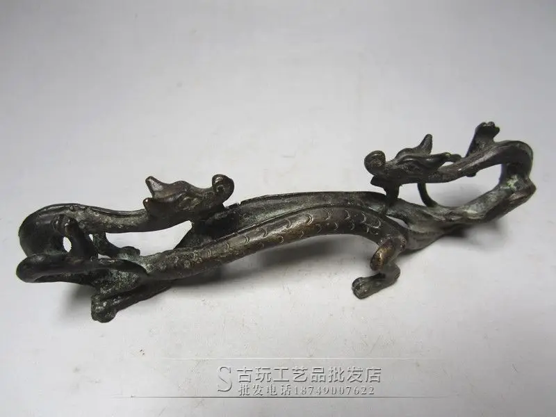 

Antique home decoration, copper double dragon pen holder, study four treasures brass animal pattern statue