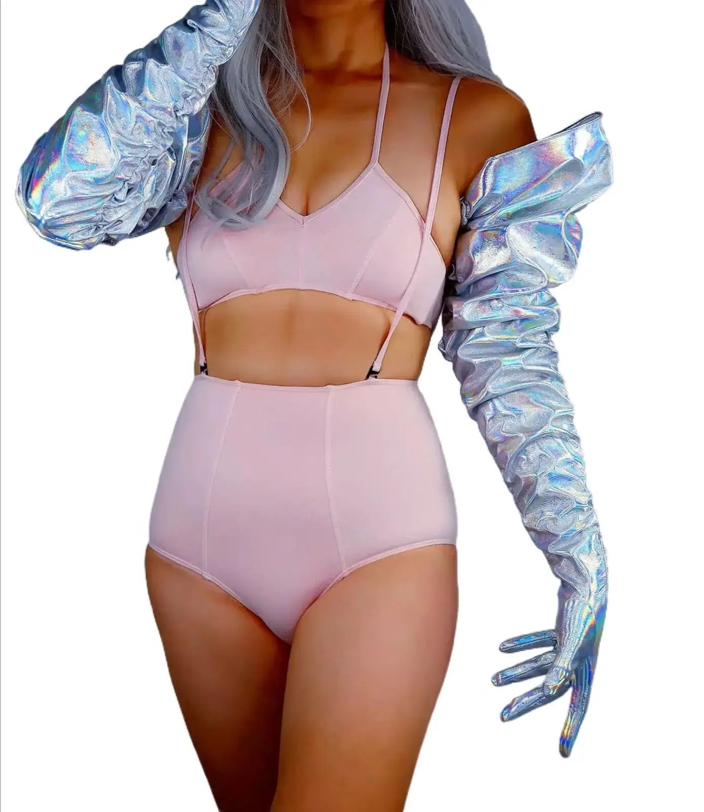 dooway-ユニセックス-ホログラフィック-シルバー-グローブ-ラッフル-パフスリーブ-フェイクラテックスレザー-100cm-肩丈-ハロウィン-コスプレ-パーティー-グローブ