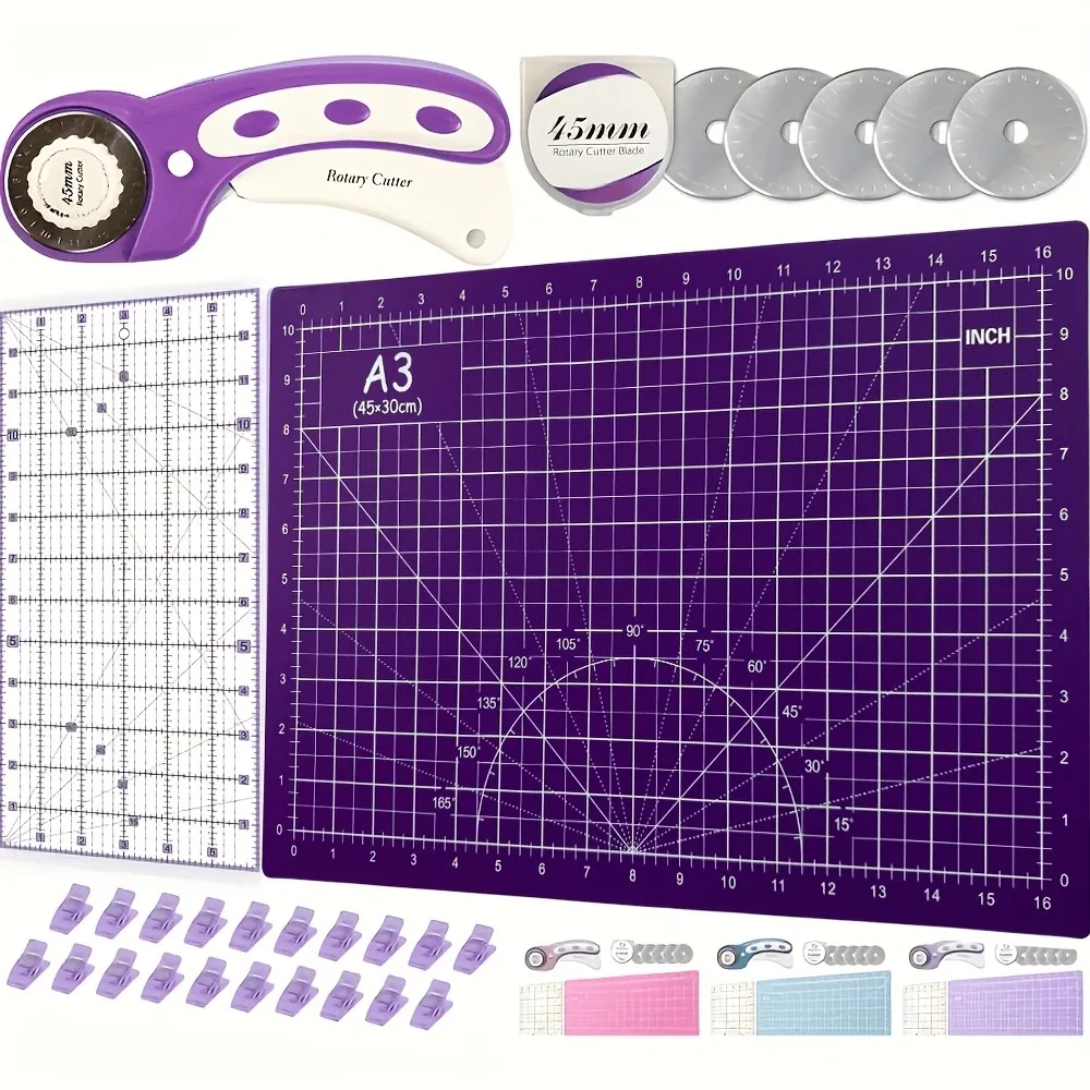 Juego de cortador giratorio con tapete de corte A3, regla de patchwork, cortador de tela de 45 mm, 5 cuchillas de repuesto y clips para herramientas de costura, quilting y manualidades DIY