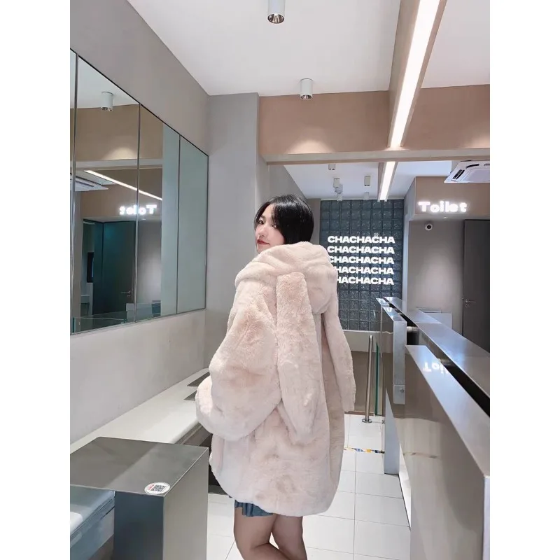 Women winter furry coat rabbit ears coat fall winter new faux rabbit fur faux fur thickened cotton coat warm comfortable