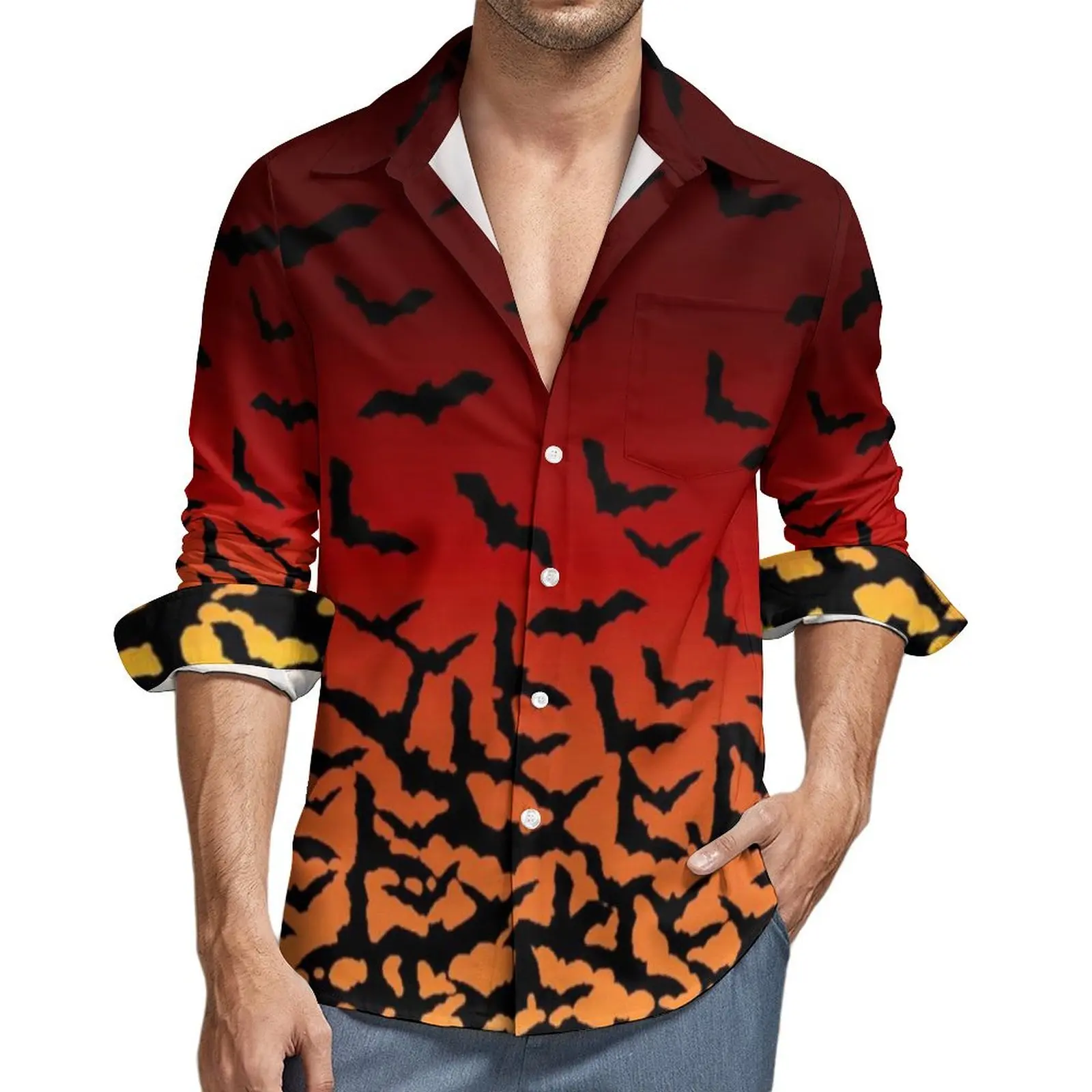 

Men Shirt Halloween Casual Shirts Long Sleeve Bat Sunset Creatures Of The Night Breathable Blouse Autumn Vintage Oversize Tops