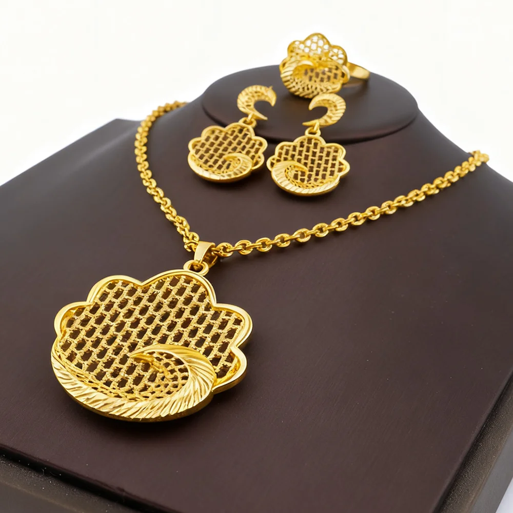 

Dubai Round Gold Color Arabian Women Jewelry Set nigerian wedding jewelry Necklace Earrings rings gold plated jewelry sets gifts