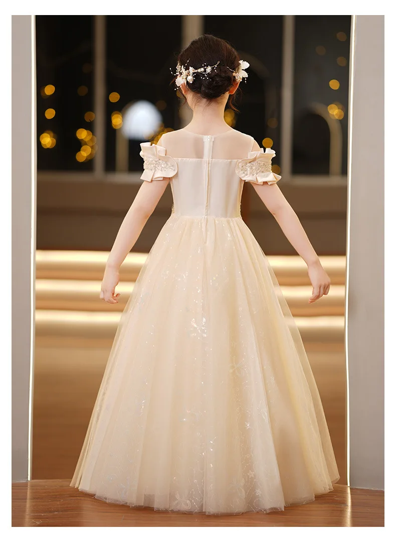 New Youth Girl Princess Mesh Dress Wedding Flower Girl Dress School Competition Piano Long Performance Dress for 3-12 Years