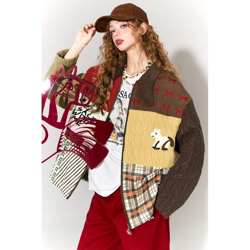 ELFSACK Women Padded Jacket 2026 Winter Suede Knit Patchwork Bow Collar Pony Graphic Loose Fit Casual Coat