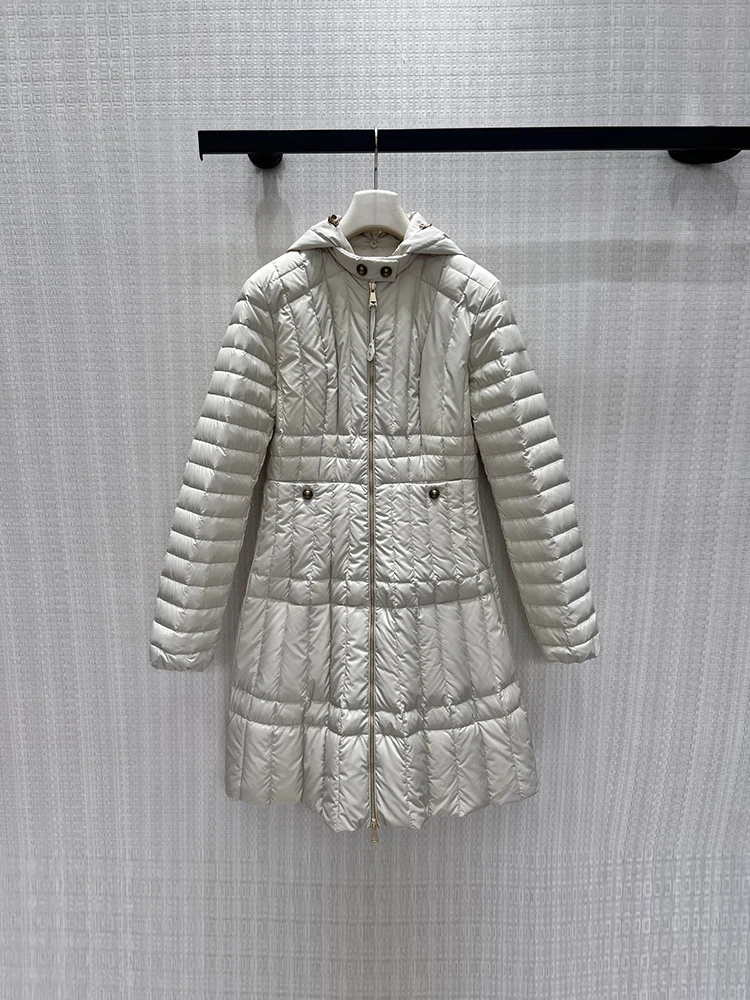 Winter Fashion Outdoors Casual Beige Long Style Down Jacket Women's Hooded Long Sleeve Pockets Drawstring Waist Warm Outerwear
