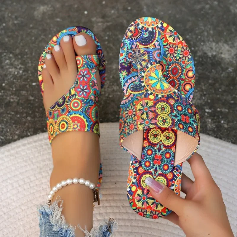 

plus Size Ethnic Style Roman Flat Sandals for Women Summer 2025 Printed Toe Ring Cool Slippers Cross-border Fashion
