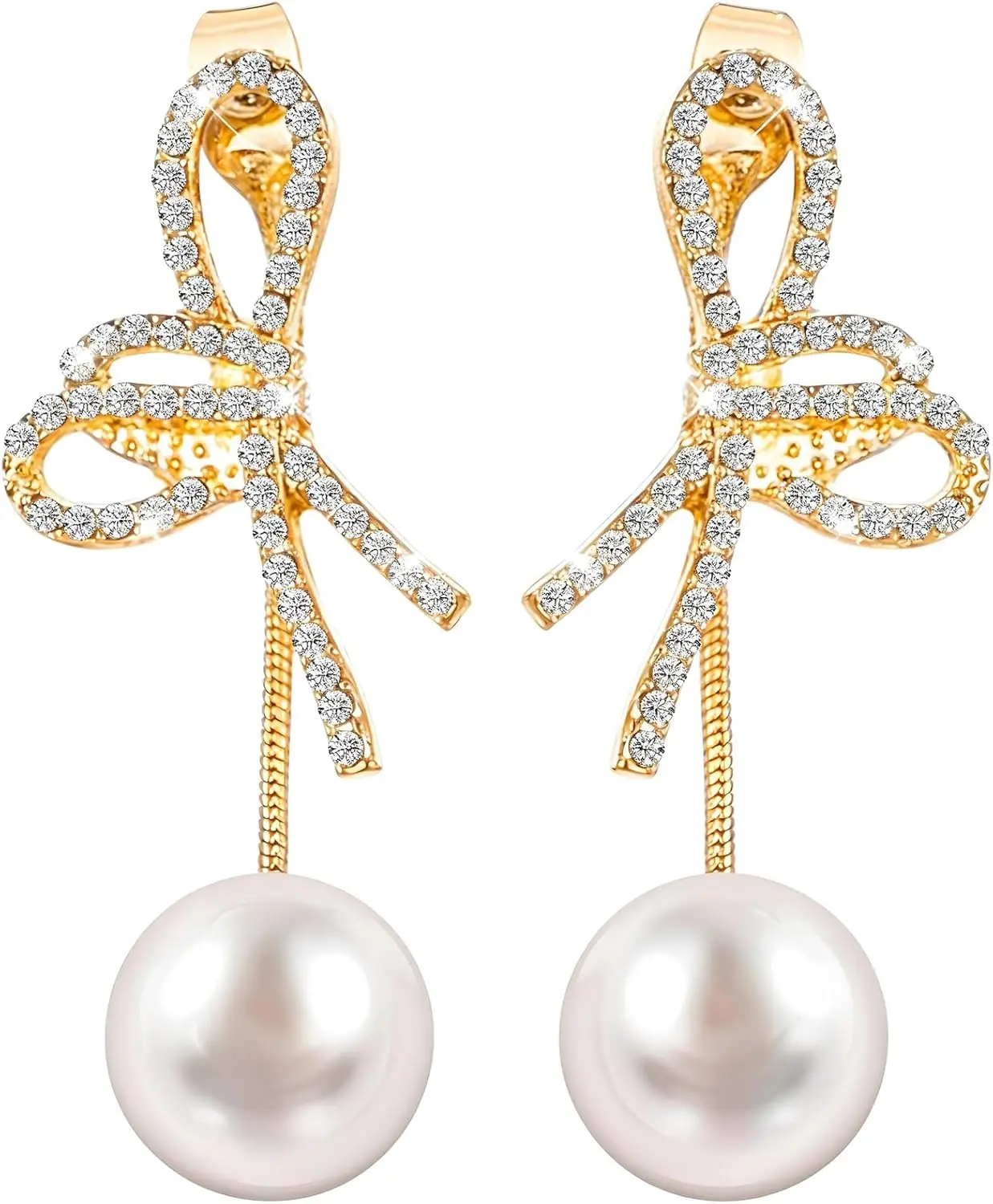 Bow Pearl Earrings for Women - Gold Dangle Bridal Jewelry with Rhinestones & Freshwater Pearls, Wedding/Prom Coquette Earrings Gift Set (Dainty Statement Earrings)