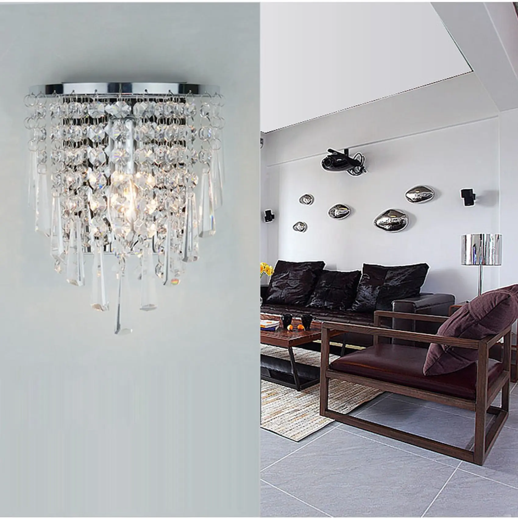 A93G 2X Modern Crystal Wall Lamp Chrome Sconce Wall Light for Living Room Bathroom Home Indoor Lighting Decoration
