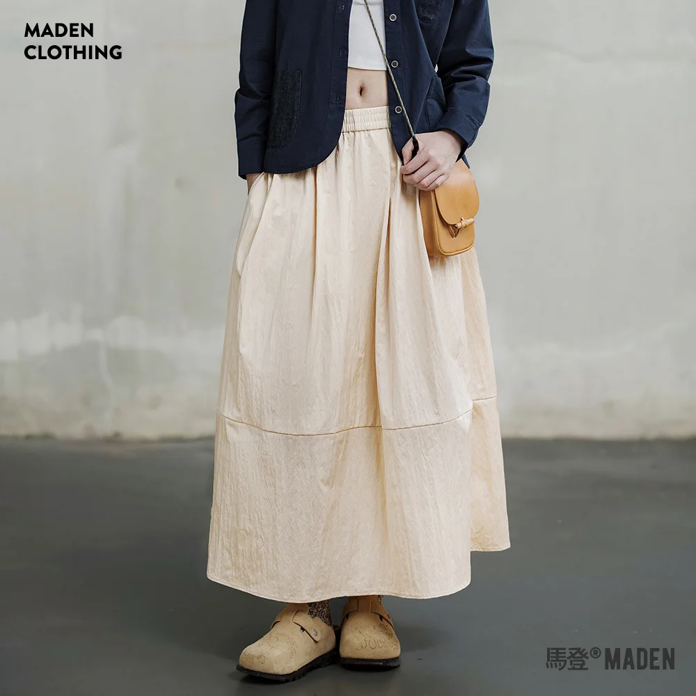 Maden Chic Patchwork Skirt for Women Pleated Solid Color A-line Umbrella Skirt Loose Versatile Seagull Embroidery Long Skirt