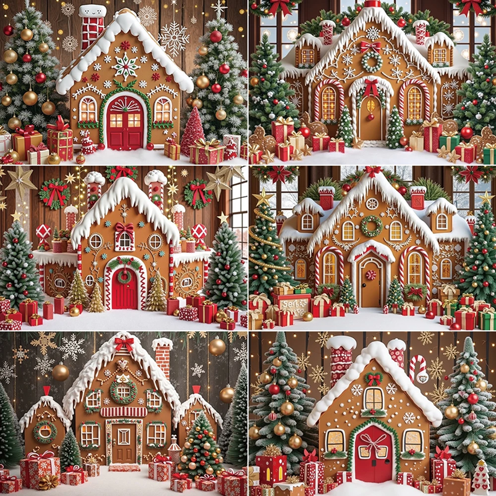 

MOON.QG Christmas Houses Backdrop Photography Gingerbread Xmas Tree Gifts Photo Background Children Studio Photocall Accessories