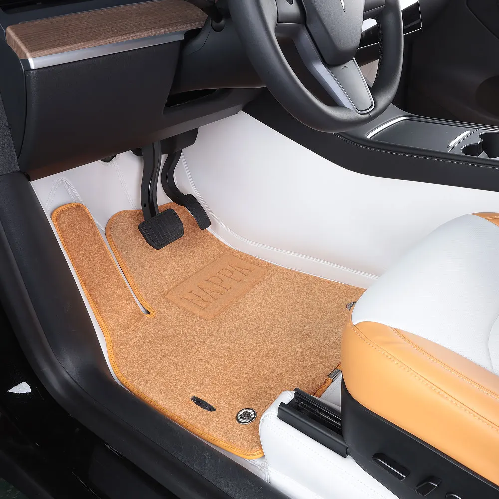 

2023 New Arrival White Leather Floor Mats for Tesla Model Y, Wear-Resistant Custom Fit Liners with Detachable Velvet Carpet