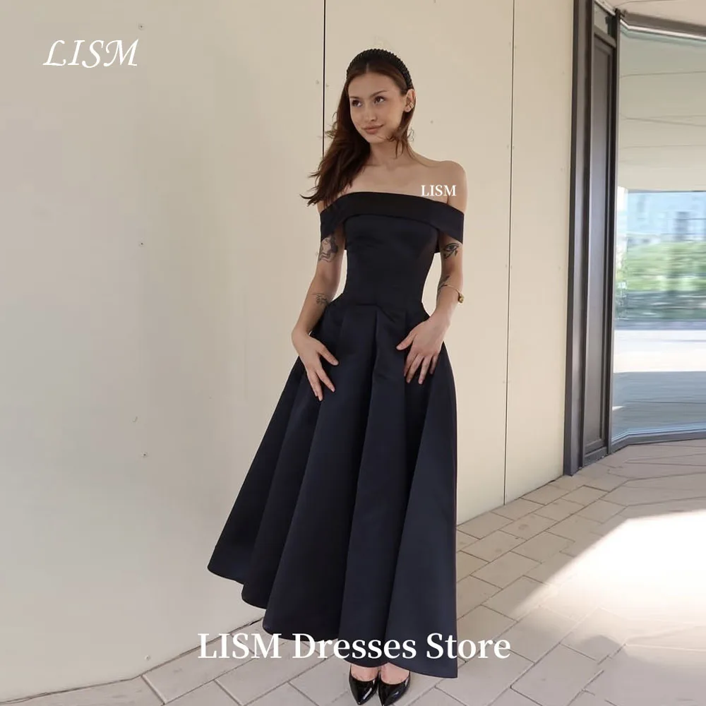 LIAM สีดําปิดไหล่ชุดราตรี A-Line ผ้าไหมซาติน Elegant Prom Dresses robe de soirée ปรับแต่งชุดปาร์ตี้อย่างเป็นทางการ